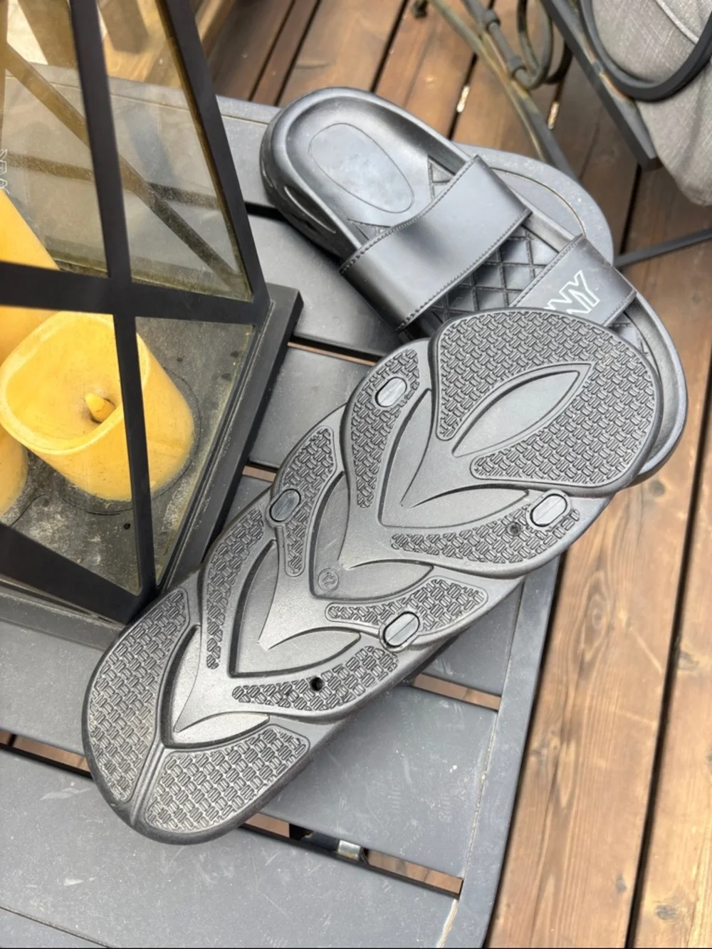 Pony Black Quilted Strap Slide Sandals
